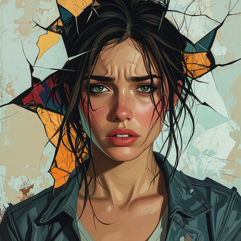 Distressed Woman Portrait in Hyperdetailed Concept Art