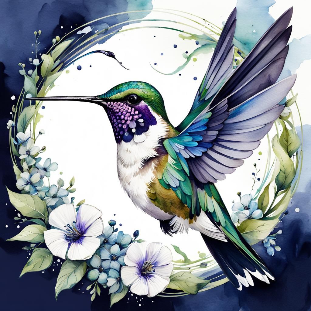 Whimsical Hummingbird in Watercolor Floral Design