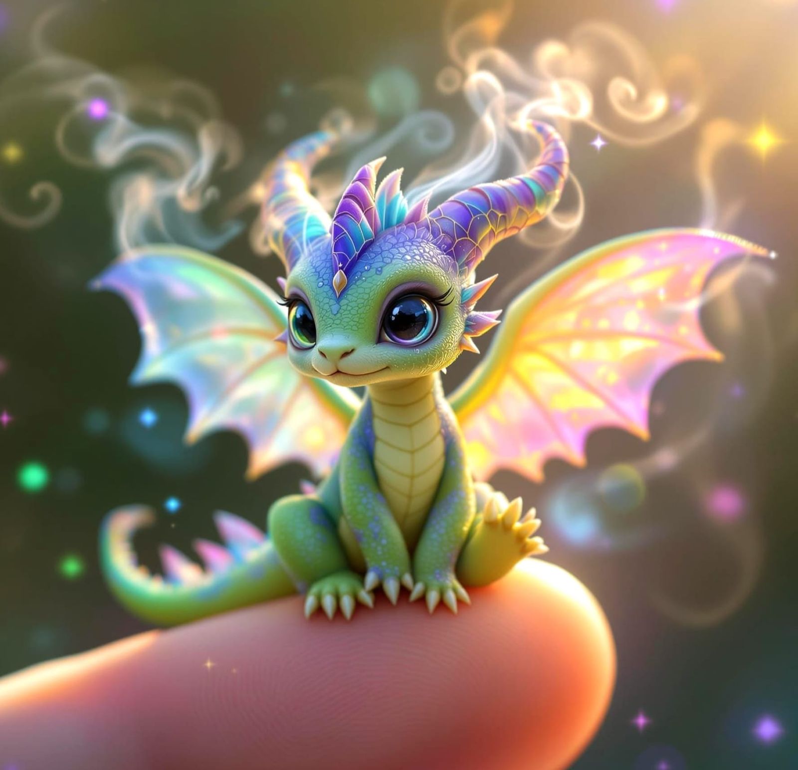 Tiny Green Dragon Sits on a Fingertip in Ethereal Fantasy Sc...