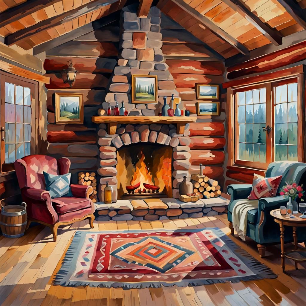 Cozy Log Cabin Fireplace in Gouache Style