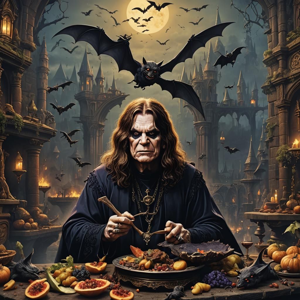 Ozzy Osbourne Bat-Eating Scene in Detailed Digital Painting