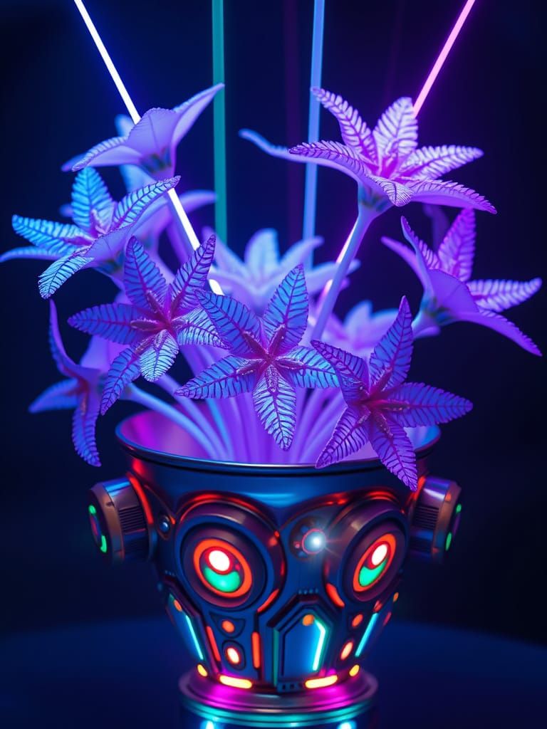 Shimmering Water Star Flowers in a Futuristic, Neon-Lit Vase