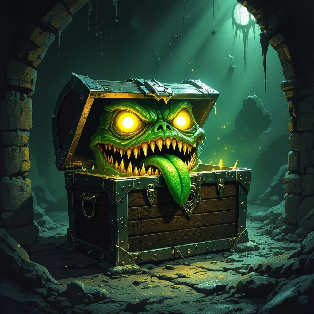 Treasure Chest Mimic in Dark Dungeon, Biomechanical Horror