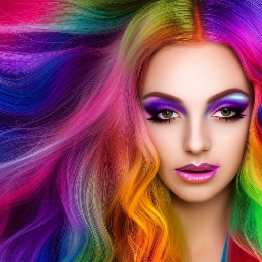 Ethereal Rainbow witch with long flowing Rainbow colored hair& vibrant purple eyes& pale complexion with Golden shimmer ...