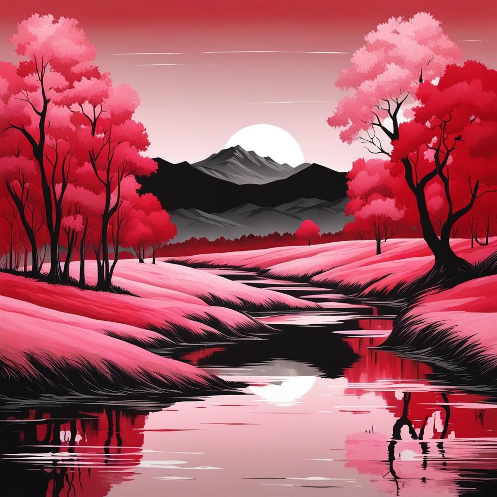 Monochromatic Red and Pink Landscape Art