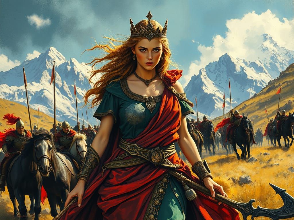 Celtic princess, facing viewer, Marching to war, mountains V...