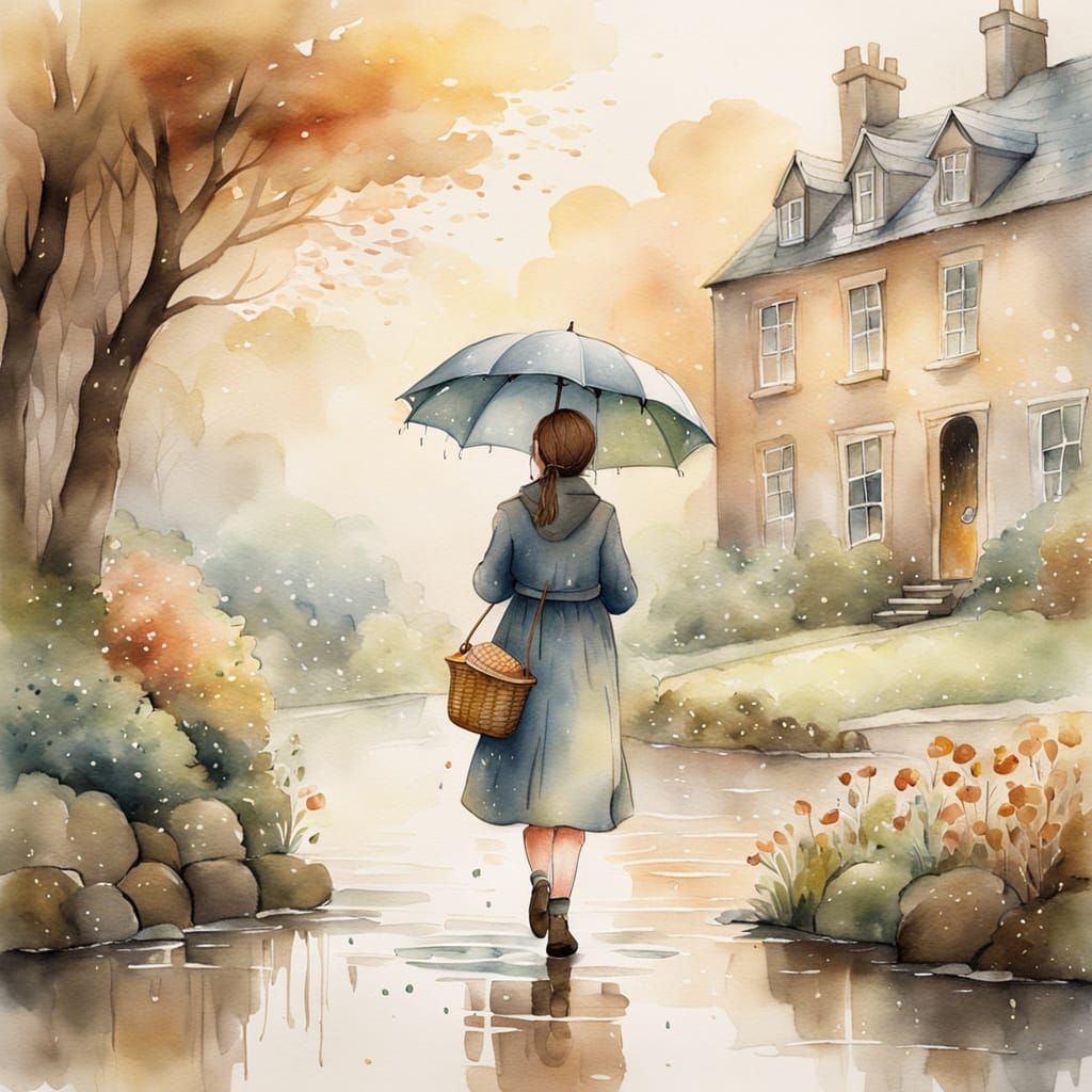 Girl Sips in Rain: Beatrix Potter Style Watercolor