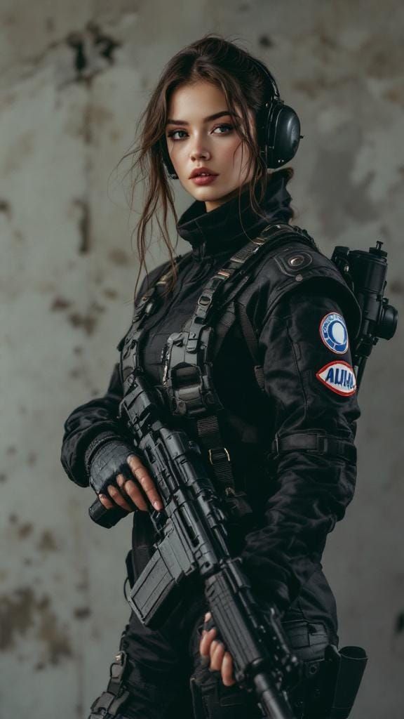 Futuristic Girl in Racing Suit with Machinegun