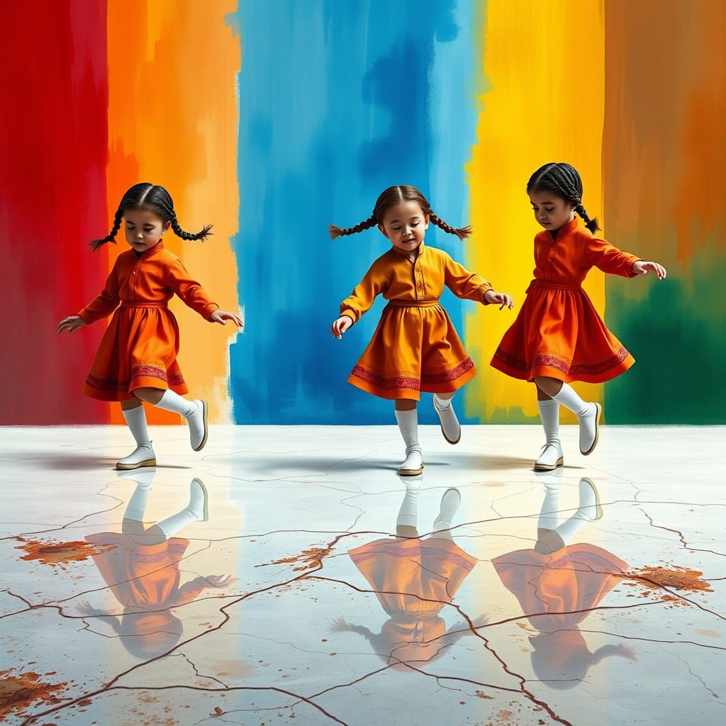 Four Young Boys Dance in Vibrant Colors Against Abstract Bac...