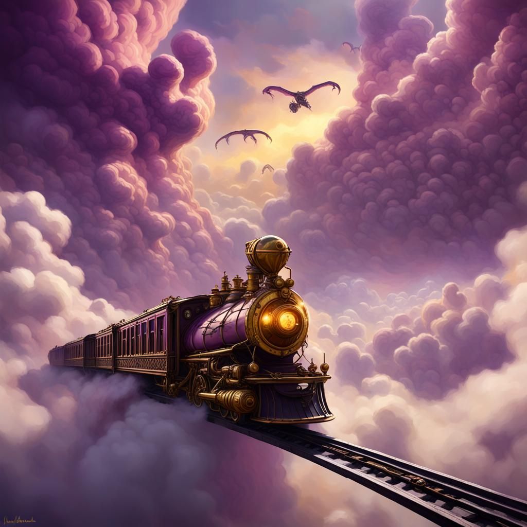 Snake Train Flies in the Clouds: Dark Fantasy Art