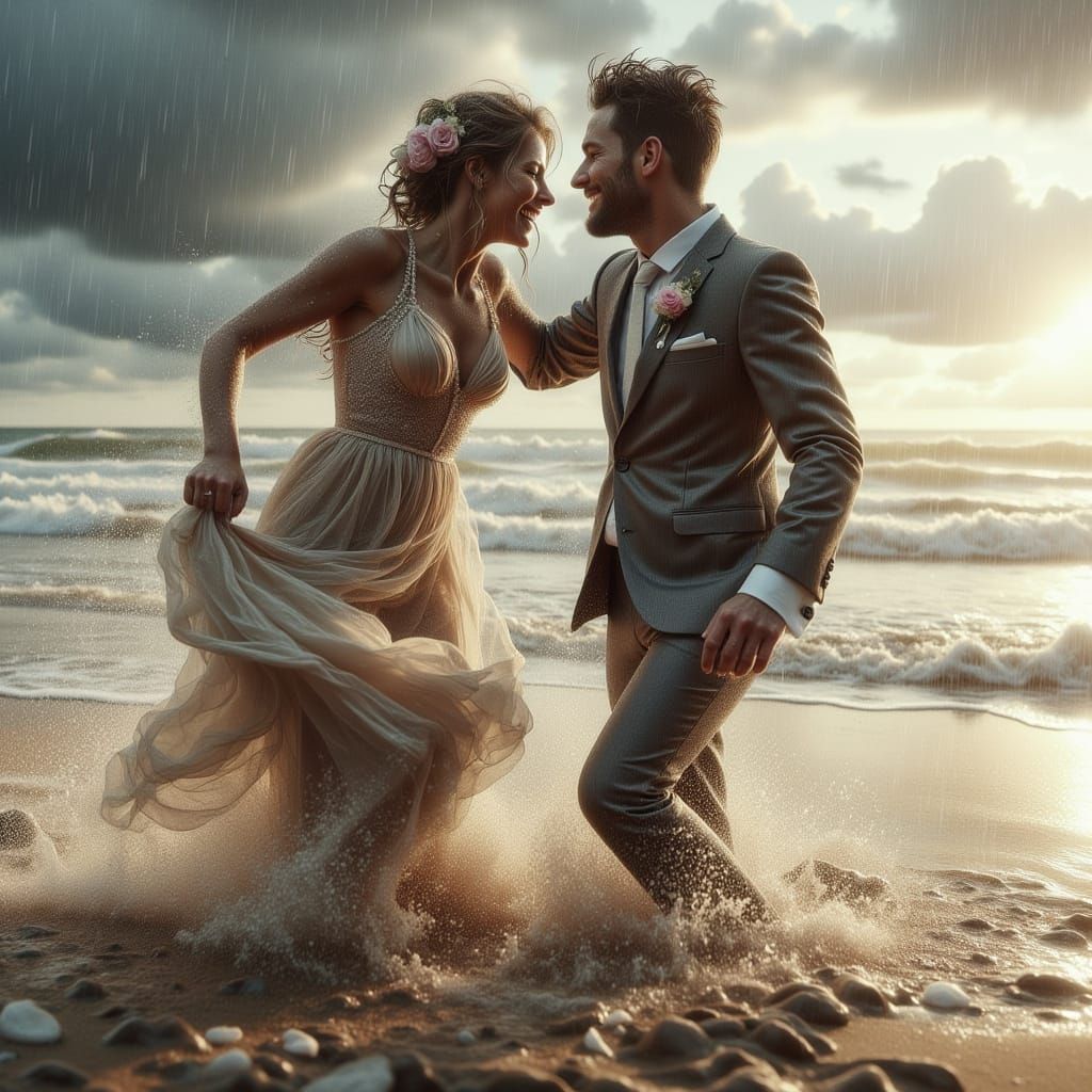 Rainy Beach Wedding: Joyful Dance in Summer Storm