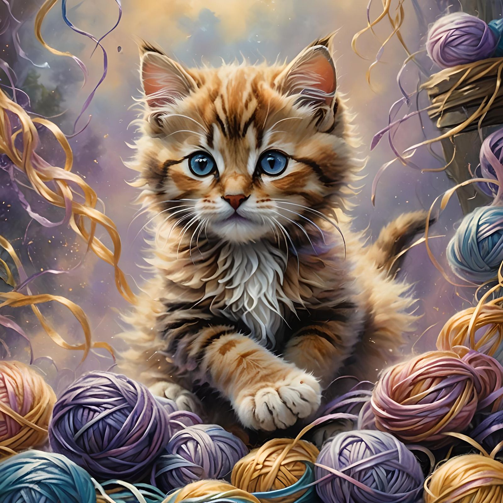 Kitten Plays With Yarn in Ethereal Style