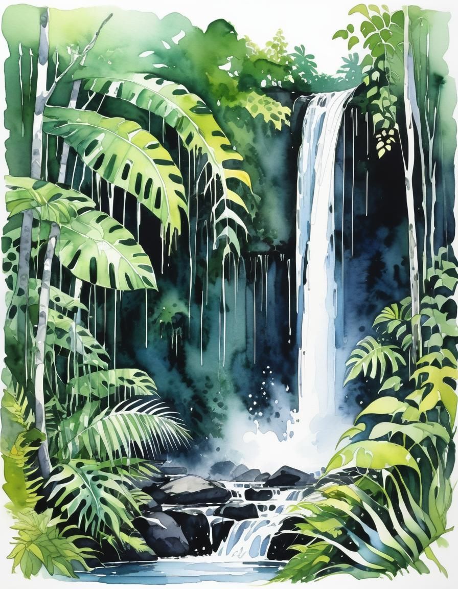 Watercolor Painting of Rainforest Waterfall