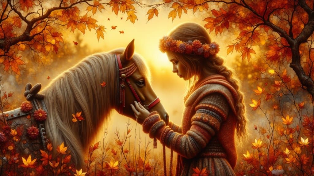 Autumn Landscape with Girl and Pony in Golden Hour Airbrush ...