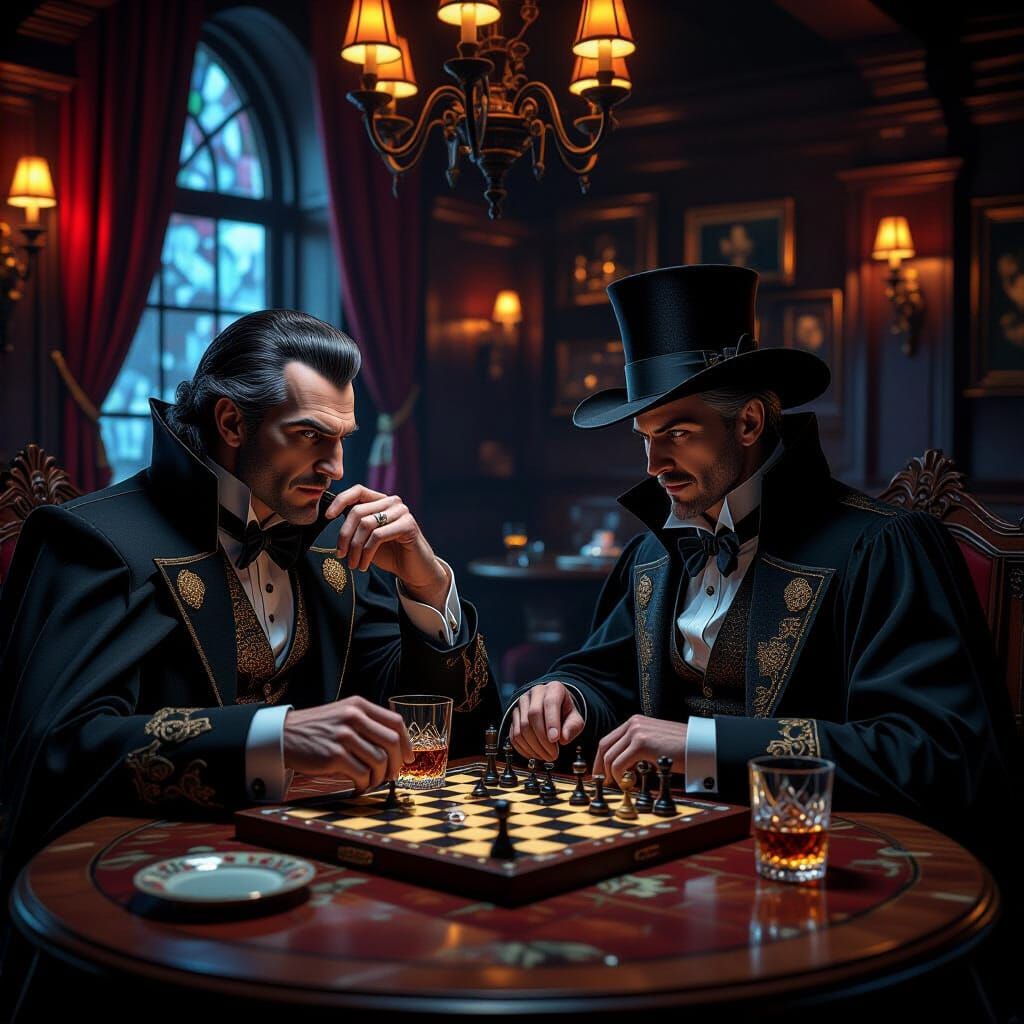 Dracula and Van Helsing Play Chess: Hyperrealistic Art
