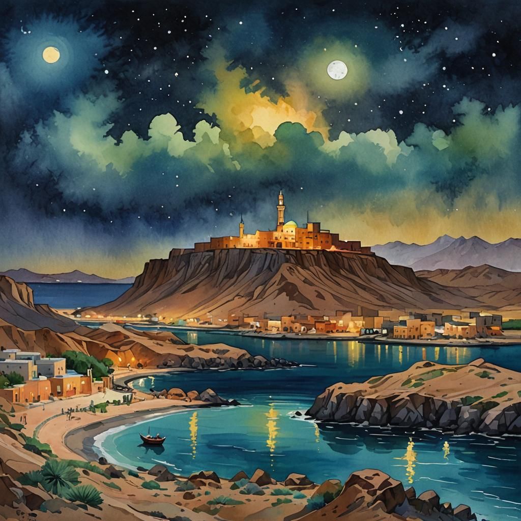 Hormoz Island at Night: Gouache Impressionist Masterpiece