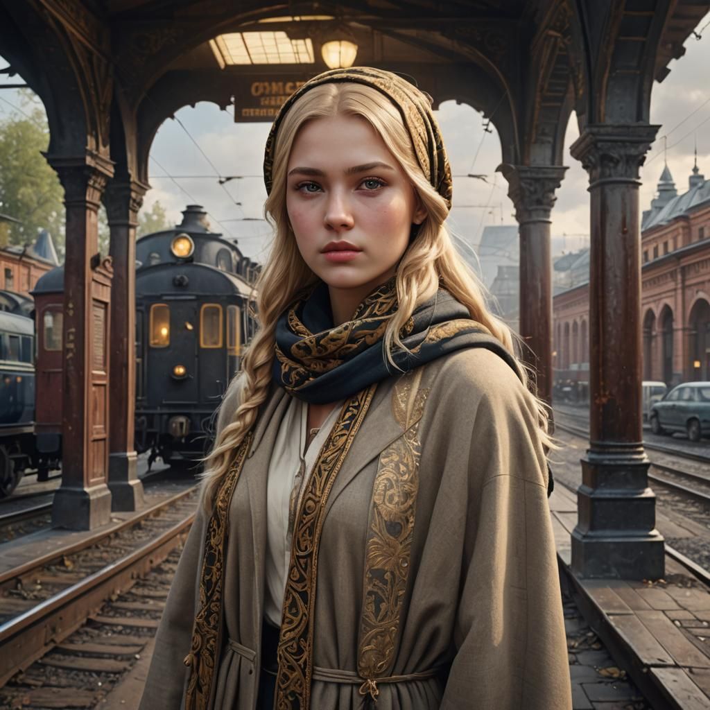Slavic Girl at Train Station: Detailed Matte Painting