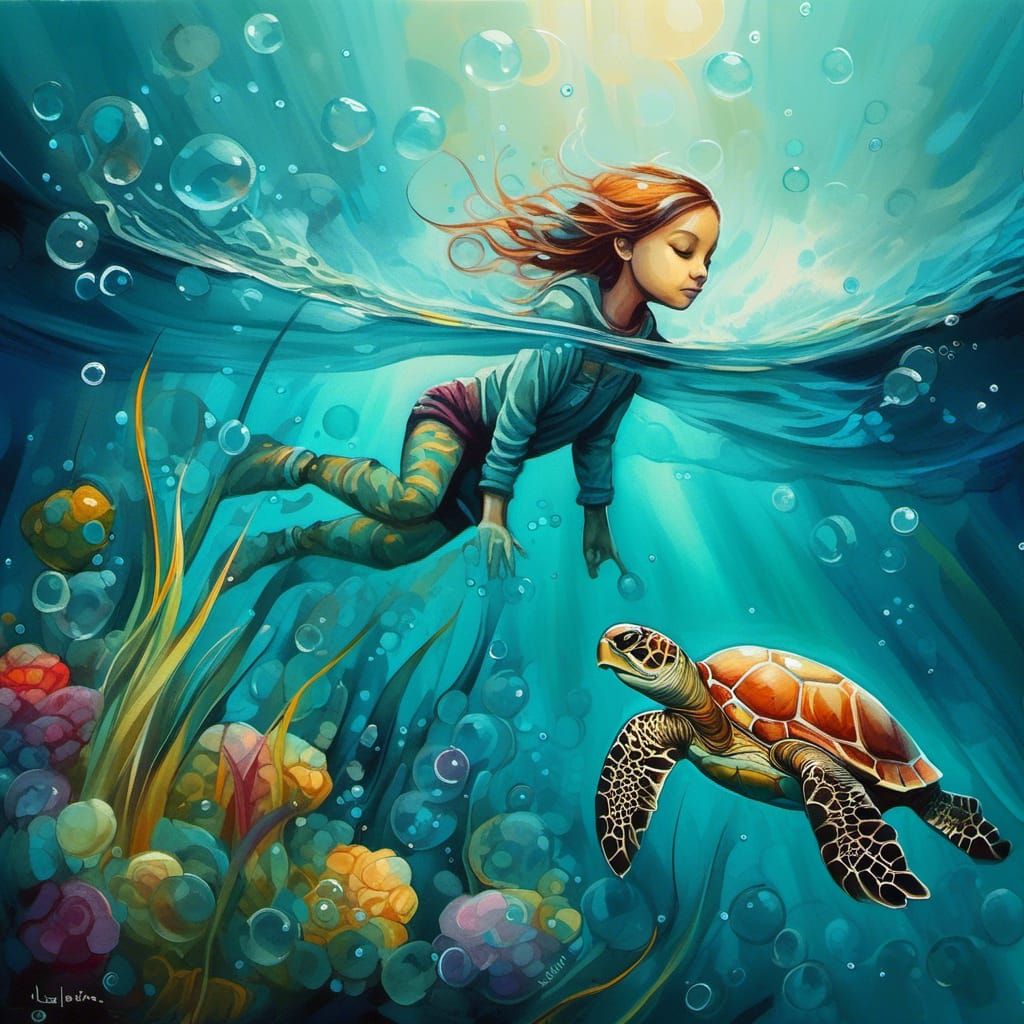 Jeremiah Ketner painting with turtles swimming in an ocean current, light beams shining through water, bubbles rising to...