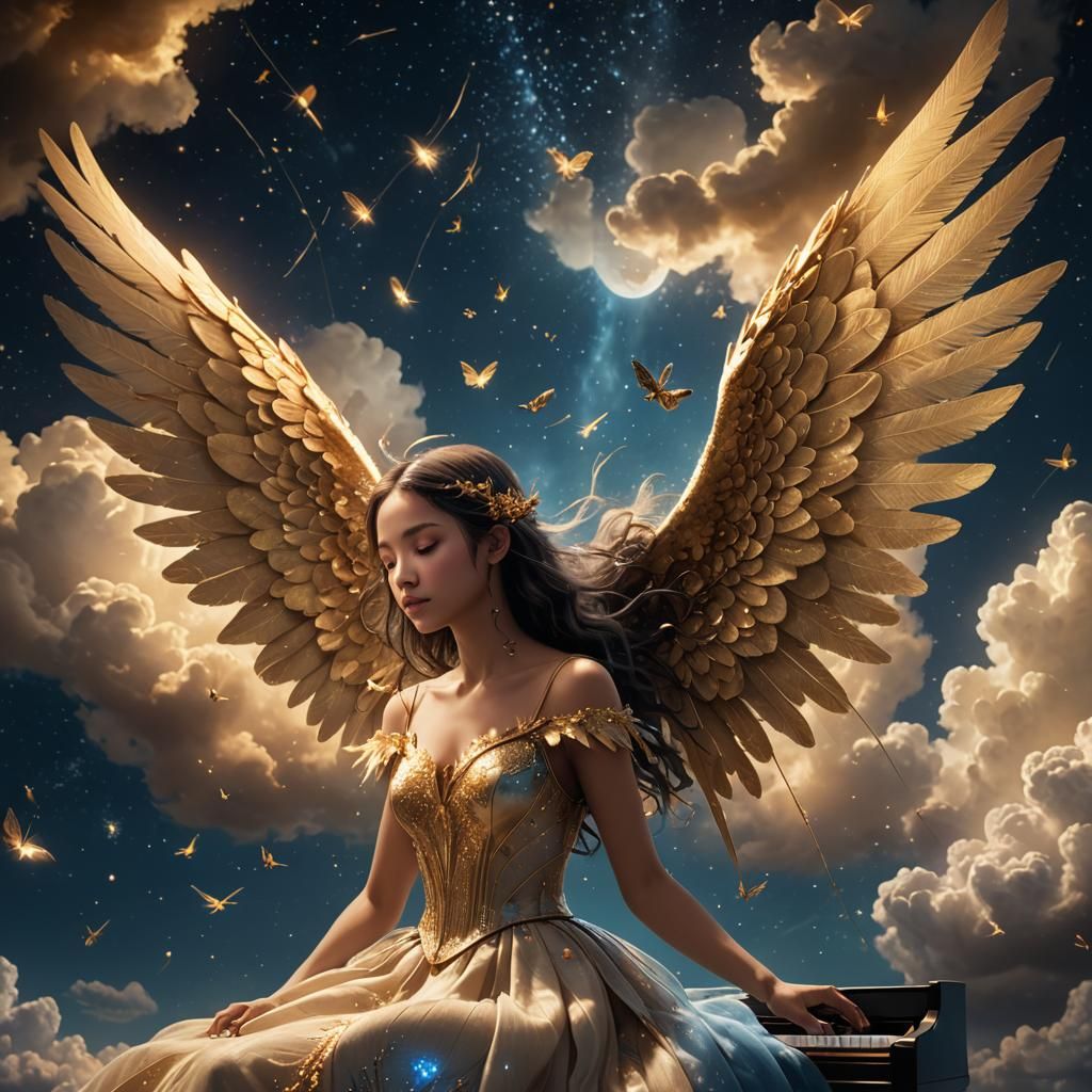 Winged Girl at Piano Under Starry Sky