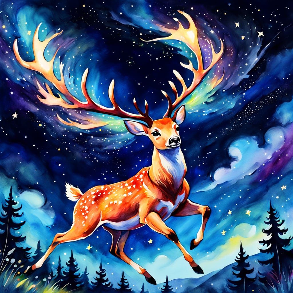 Whimsical Watercolor Deer Flying Through Starry Night Sky