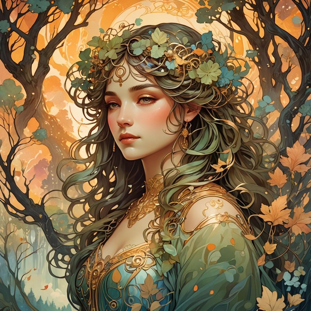 Magical Forest Portrait in Art Nouveau Style