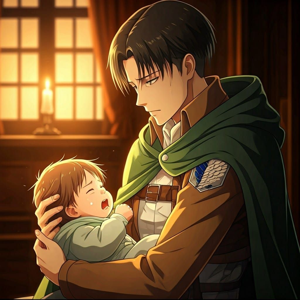 Levi Ackerman Cradling Newborn in Anime Style