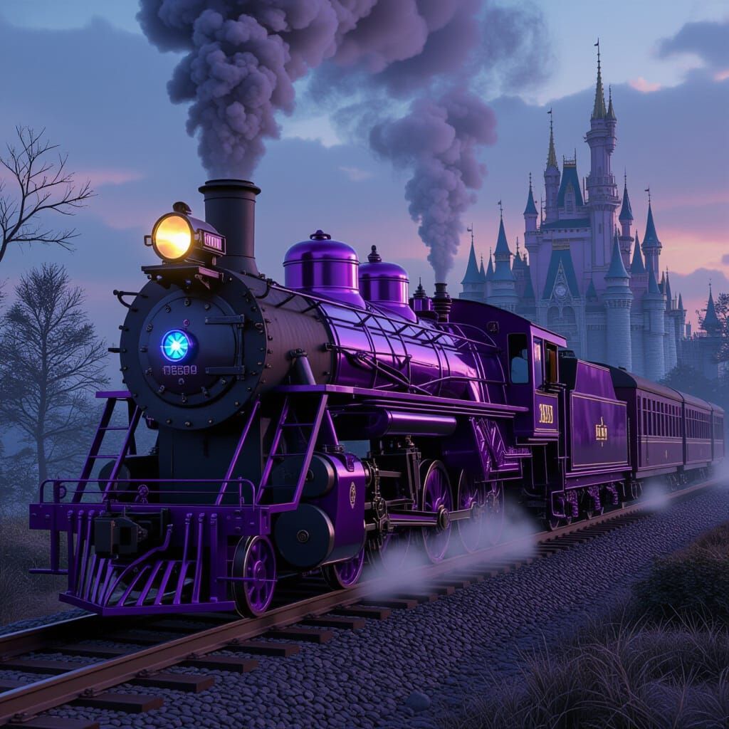 Triumphant Purple Chrome Train in Mystical Landscape