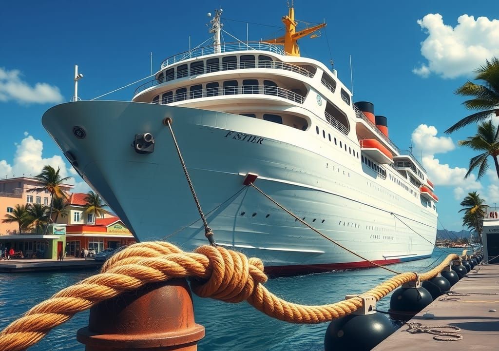 Professional top quality photography of a huge transatlantic ship moored with a thick and resistant rope to a bollard in...