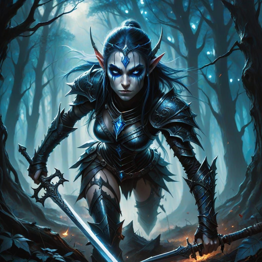 Fierce Dark Elf Warrior in Gothic Oil Painting Style
