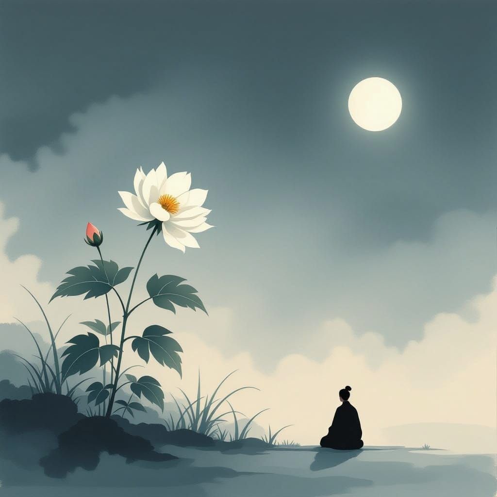 Lonely Flower in Moonlit Garden Painting