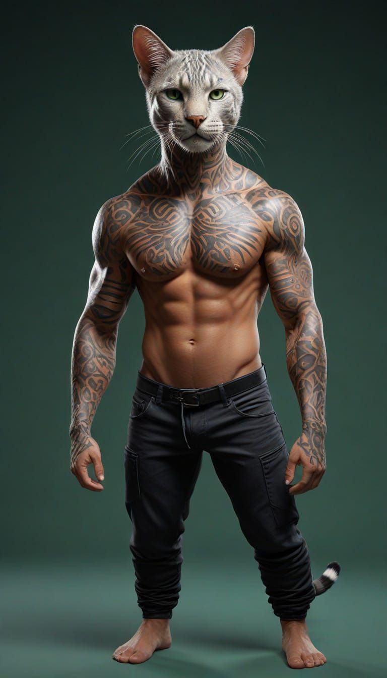 Majestic Human-Australian Mist Cat Hybrid in Hyperrealistic....