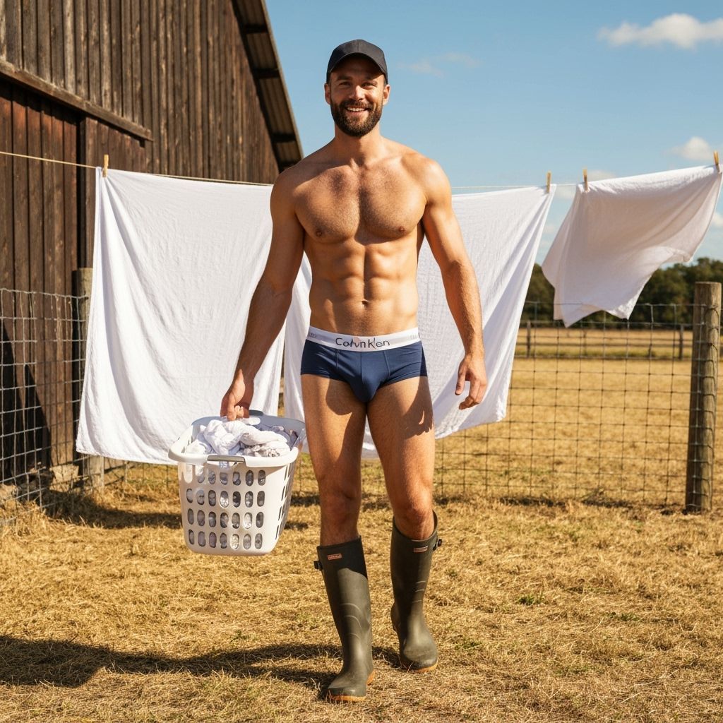 Athletic Man in Sunny Farmyard with Laundry