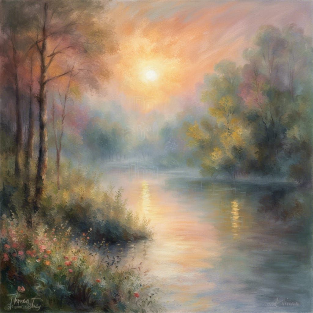 Ethereal Sunset Lake in Impressionistic Style