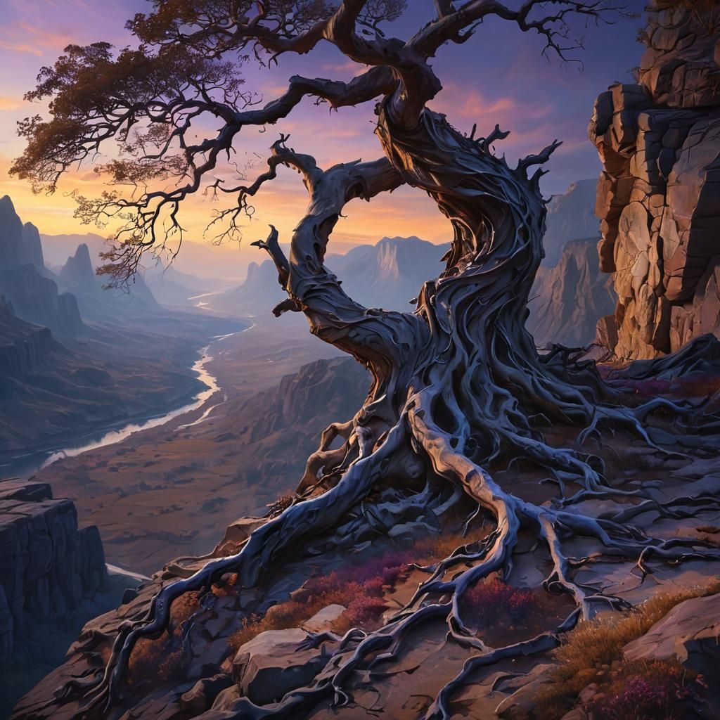 Ancient Tree on Cliff: Dark Fantasy Painting