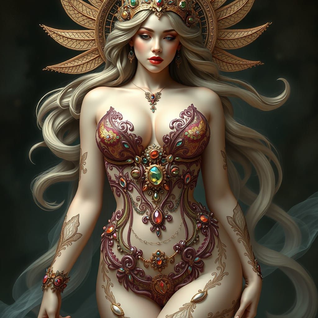 Sensual Goddess Adorned in Jewels, Art Nouveau