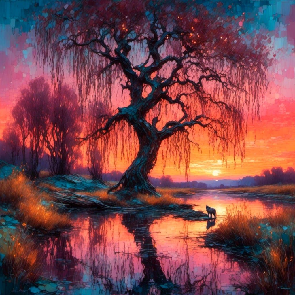 Luminescent Sunset Landscape with Willow and Wolf