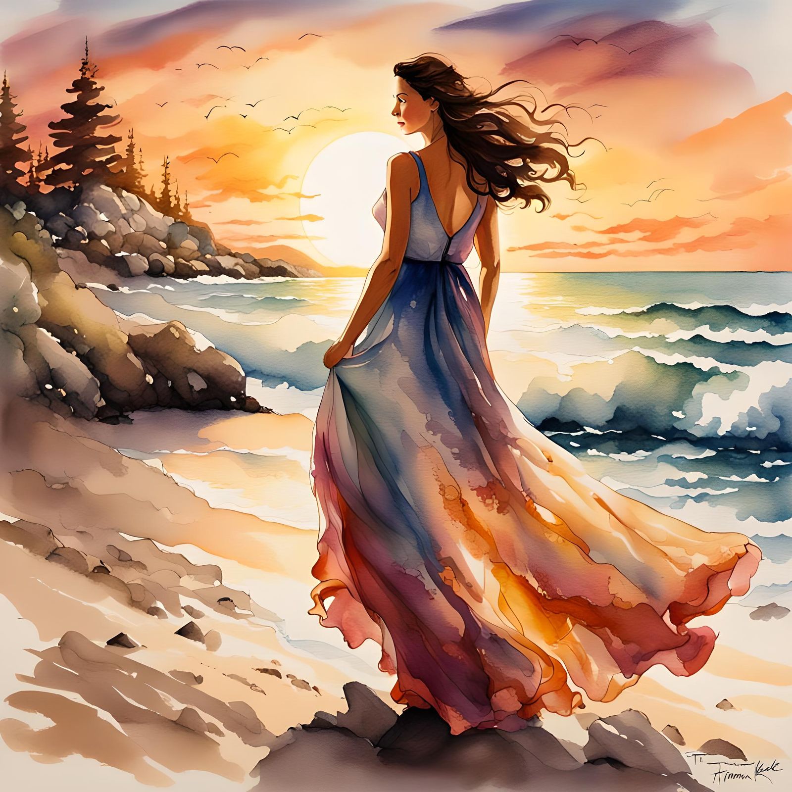 Brunette Woman on Beach at Sunset, Ink and Watercolor