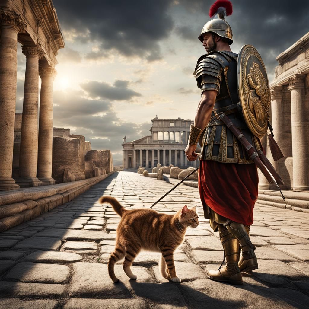 Roman Soldier and Cat: Hyperrealistic Image