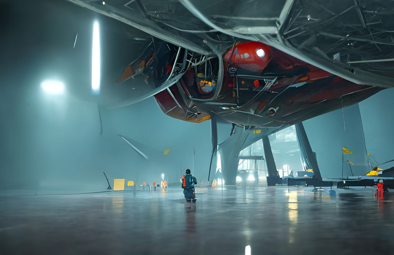 Cosmic Hangar with Spaceships in Hyperrealistic Style