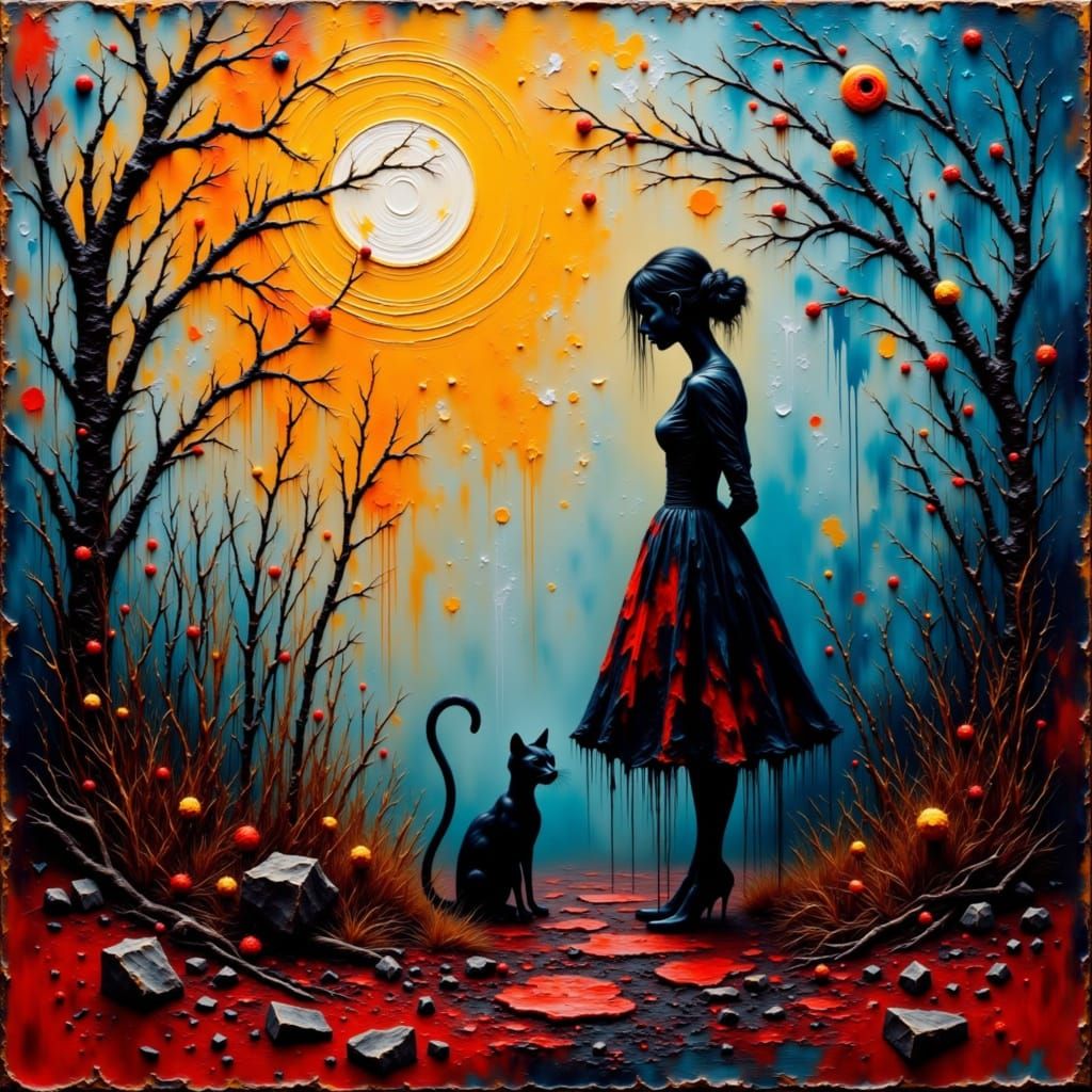 Surreal Grunge Scene with Woman and Cat in a Disturbing Gard...