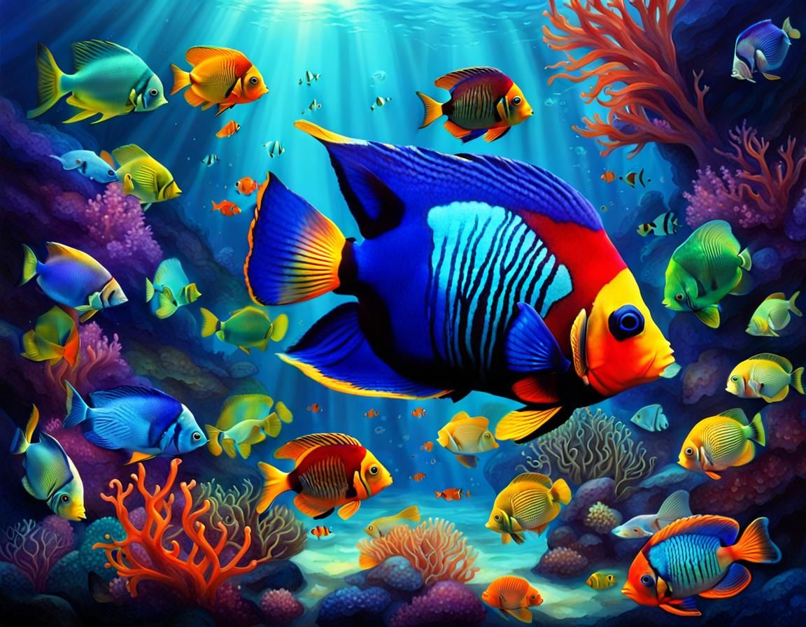 Glowing Tropical Fish in Deep Sea Scene