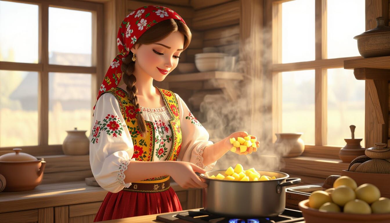 Ukrainian Woman Cooking in Traditional Disney Cartoon Style