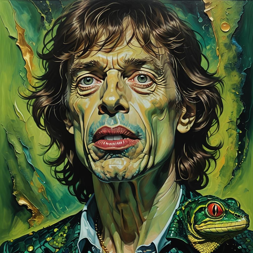 Mick Jagger with Lizard Tongue, Surrealist Oil Painting