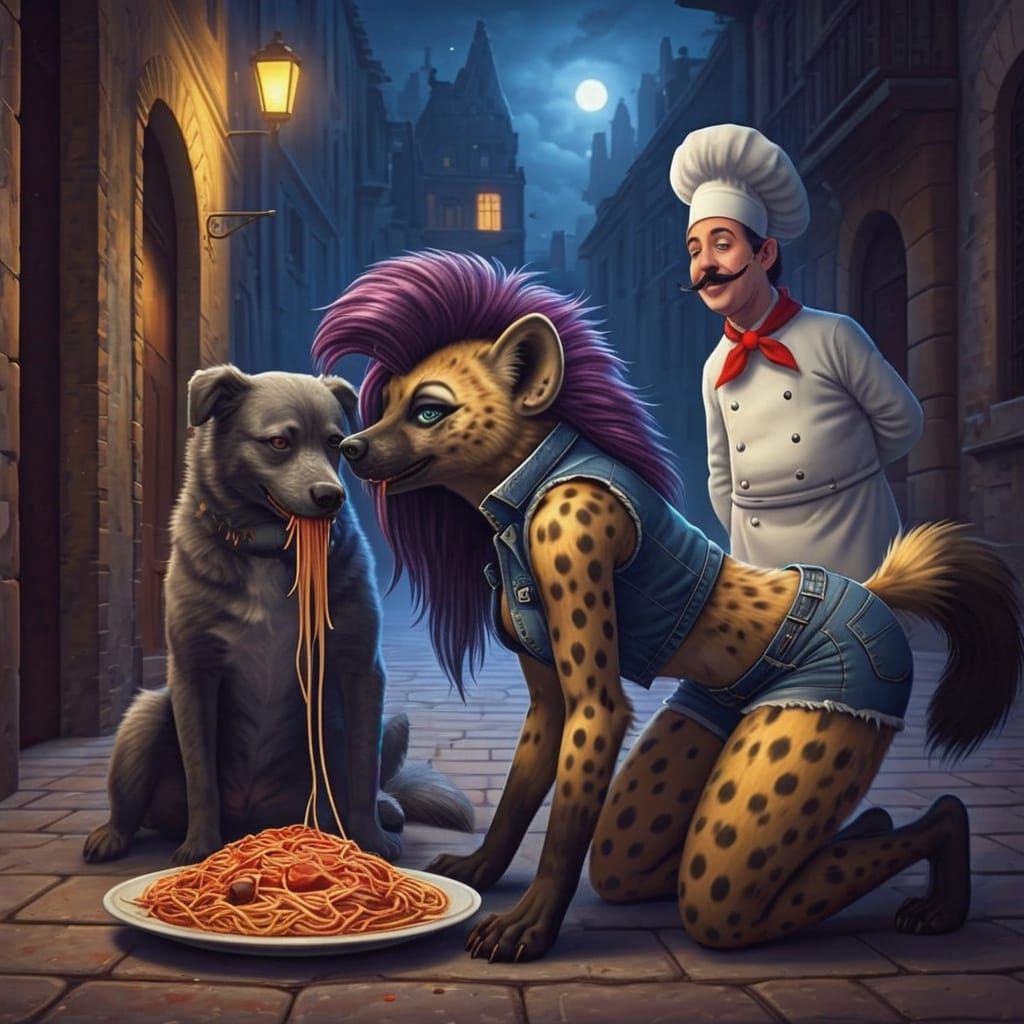 Dog and Hyena Eating Spaghetti, Rembrandt Style