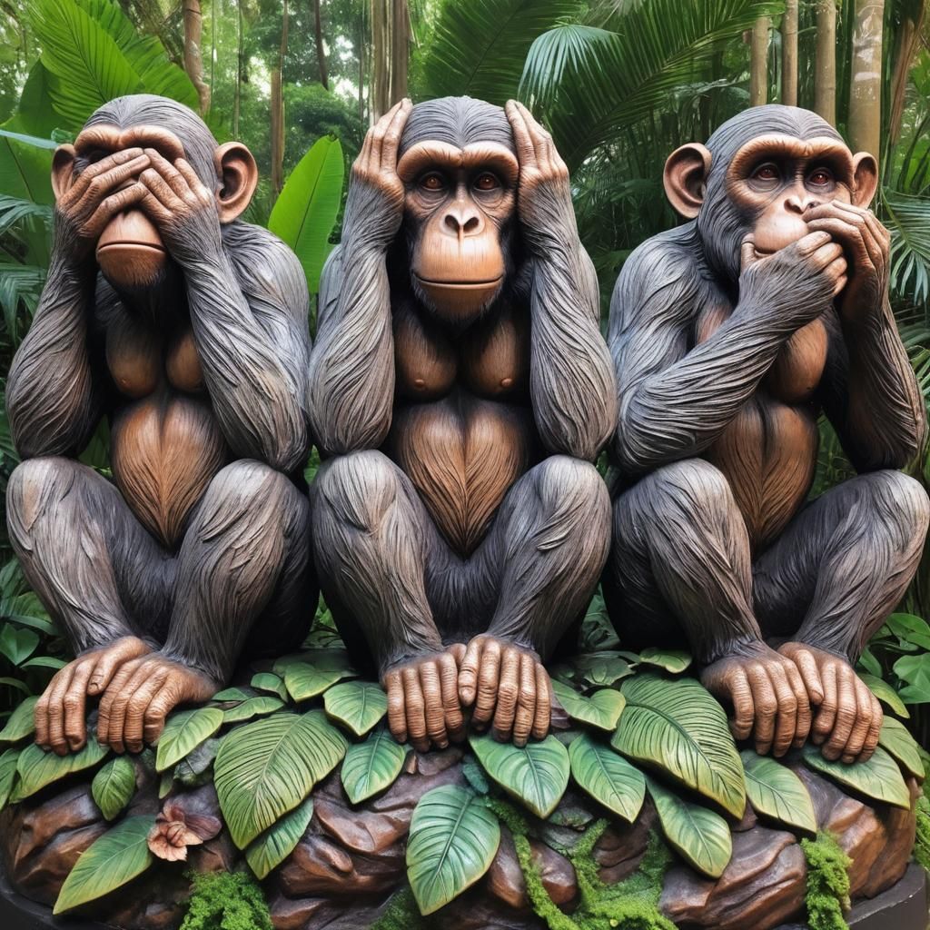 Three Wise Monkeys Sculpture in the Jungle