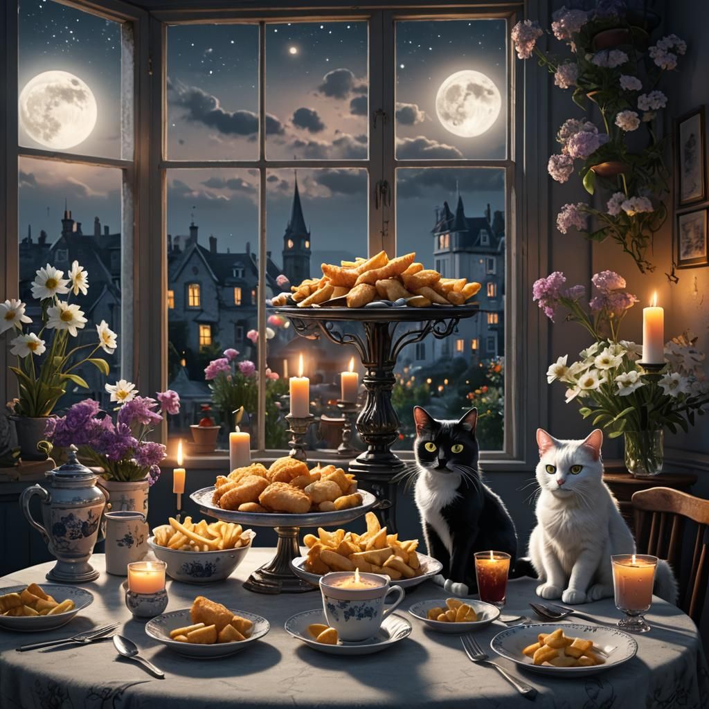 Cozy Supper with Cat, Candles, and Moonlight