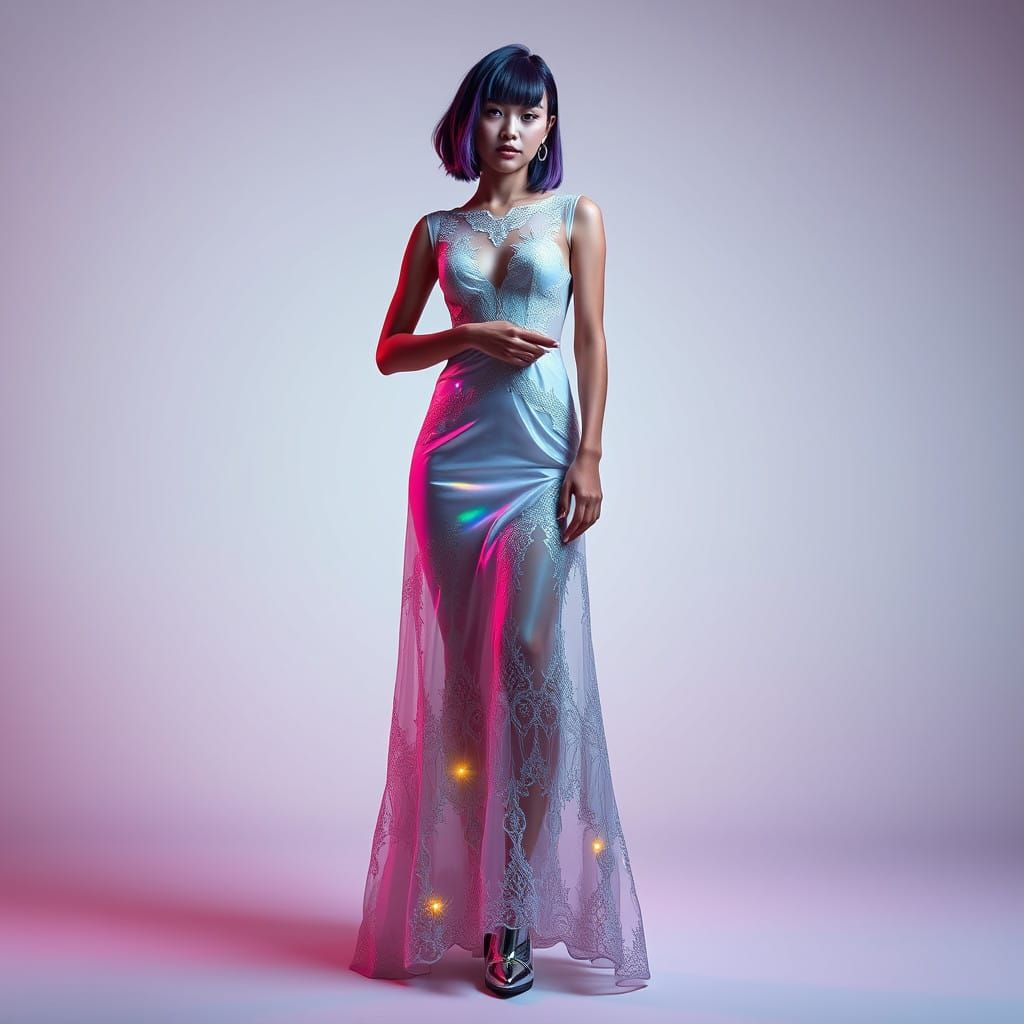 Sophisticated Model in Iridescent Maxi Dress with Laser-Cut...