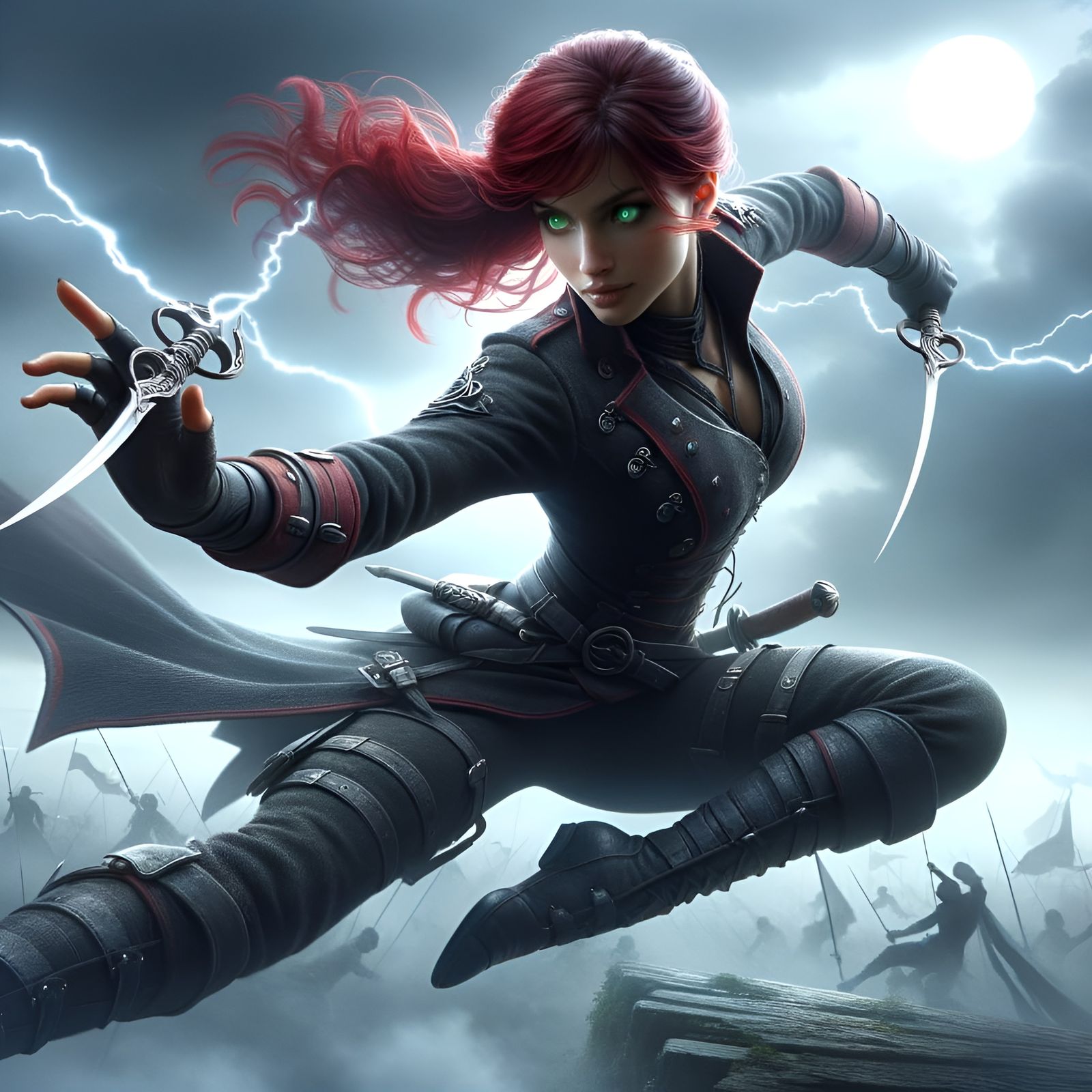 Dynamic Redhead Warrior in Epic Battle Scene