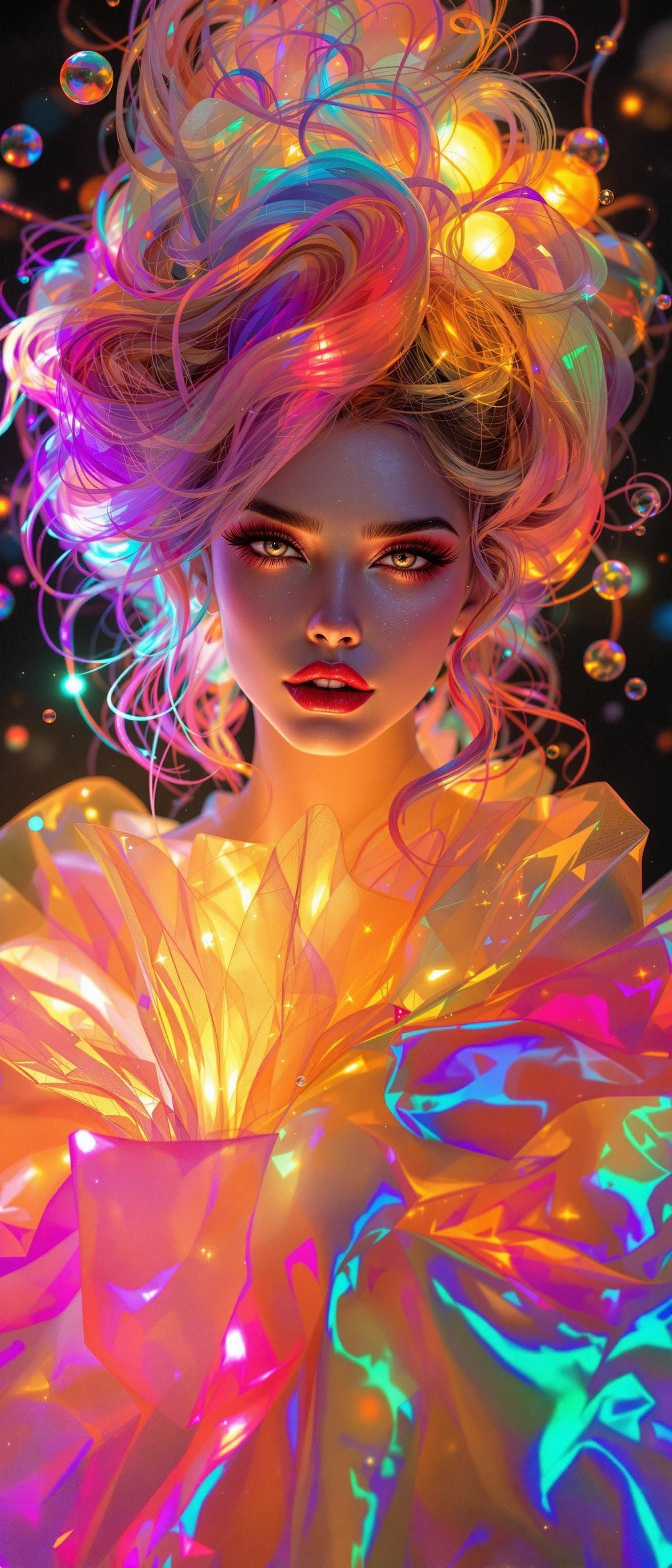 Ethereal Goddess in Rainbow Hues and Diaphanous Gown