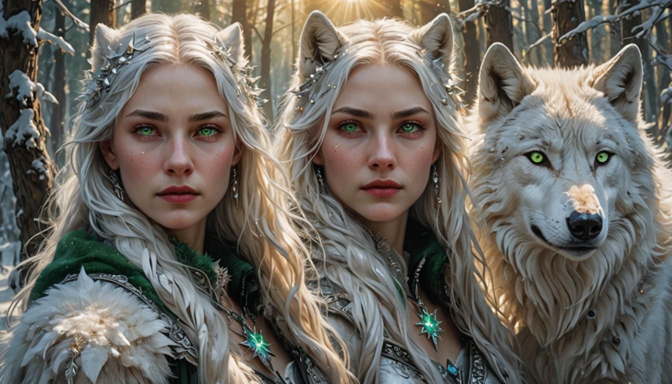 White Wolf and Star Seed Girl in Luminous Forest